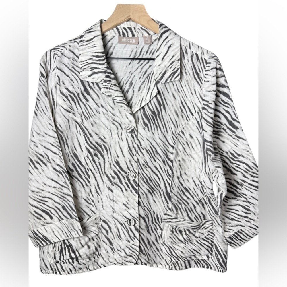 Chico’s Women’s Linen Blend Two Button Front Blazer Zebra Print Sheer size 2/12